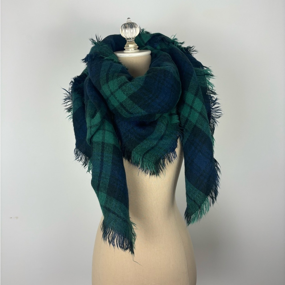 Square Scarf Blue Green Plaid Fringe OS